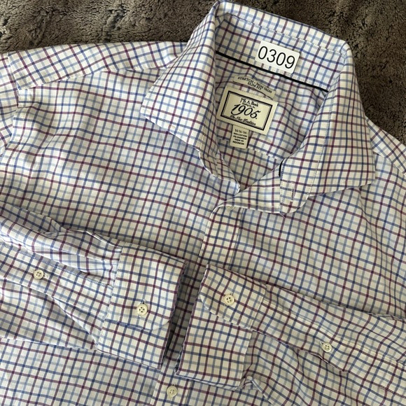 JOS. A. BANK 1905 Dress Shirt Blue Purple White Check 16 1/2x35 NonIron Slim Fit - Picture 1 of 5